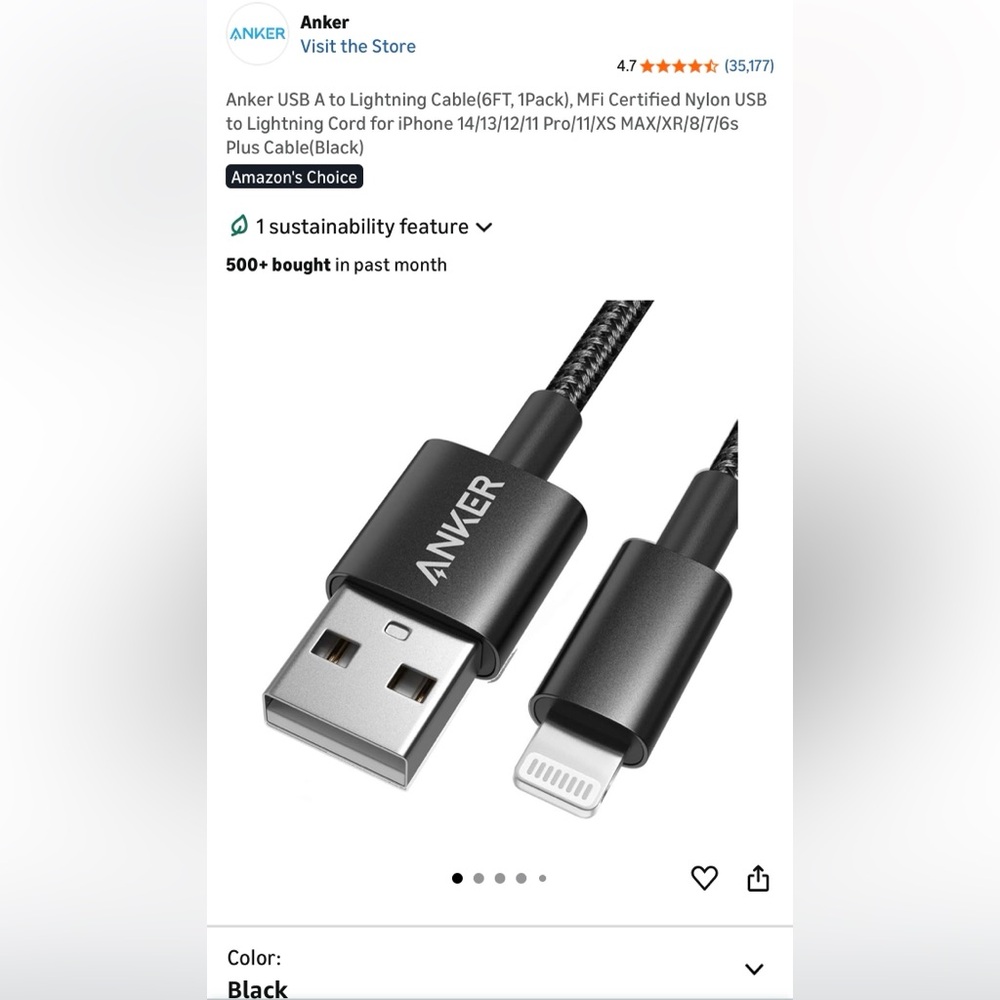 NEW Anker Black USB to Lightning Charging Cable (1pc)